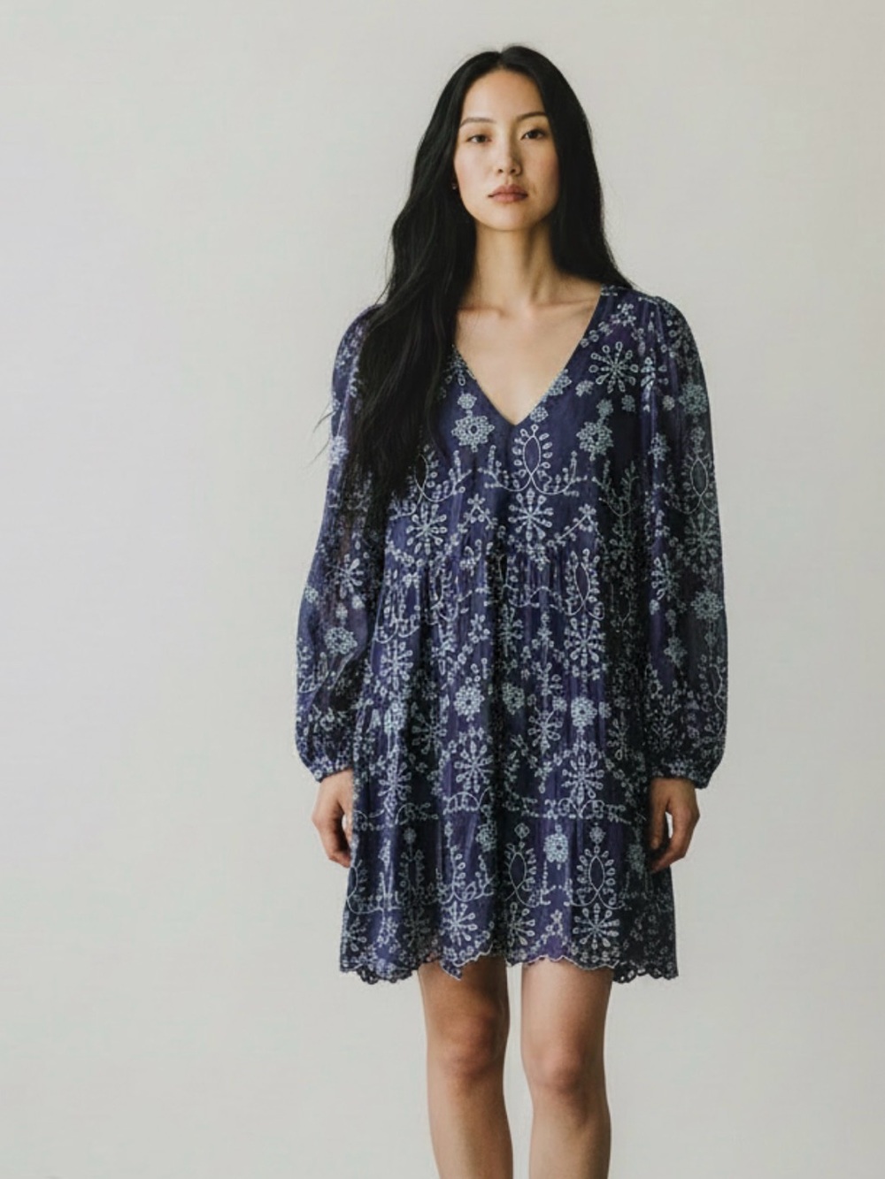 Sail to Sable V-Neck Navy Floral Embroidered Babydoll Dress size large